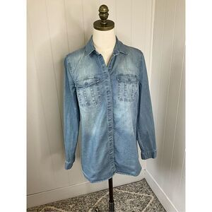 Issac Mizrahi Live Womens 6 Denim Button Front Shirt Blue Long Sleeve Stretch